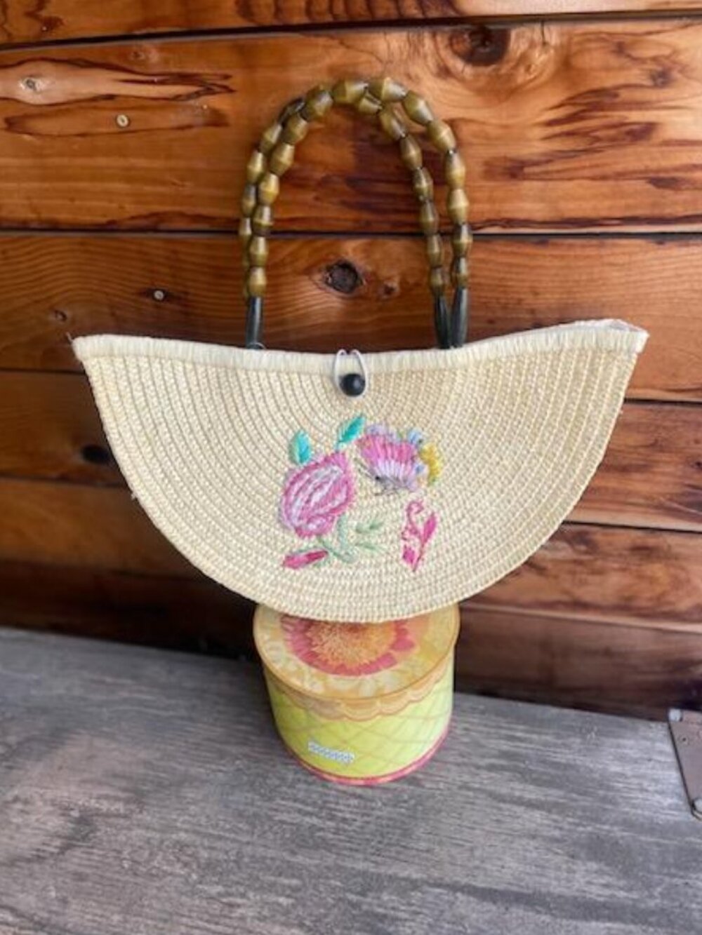 Vintage Rare Chateau Boho Straw Bag-Hand Embroidered-OS